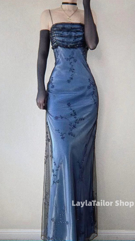 Vintage 90's Sheath Blue Prom Dresses With Black Lace,LTP3654