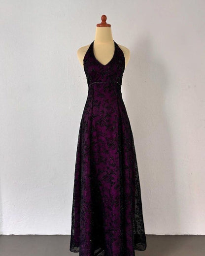 Vintage A Line V Neck Appliques Beads Tulle Satin Prom Dress Evening Dress,LTP4324