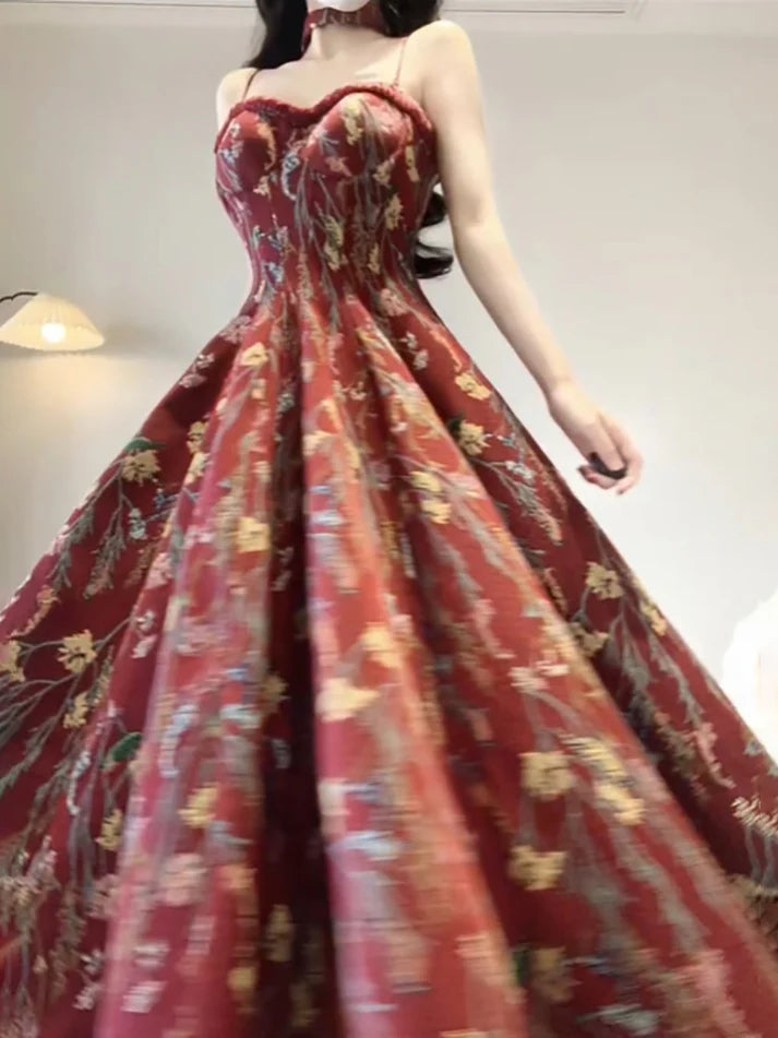 Vintage A line Spaghetti Straps Red Floral Long Birthday Dresses Prom Dress Birthday Outfits, LTP3589