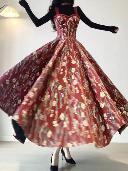 Vintage A line Spaghetti Straps Red Floral Long Birthday Dresses Prom Dress Birthday Outfits, LTP3589