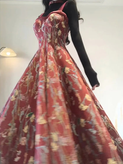 Vintage A line Spaghetti Straps Red Floral Long Birthday Dresses Prom Dress Birthday Outfits, LTP3589