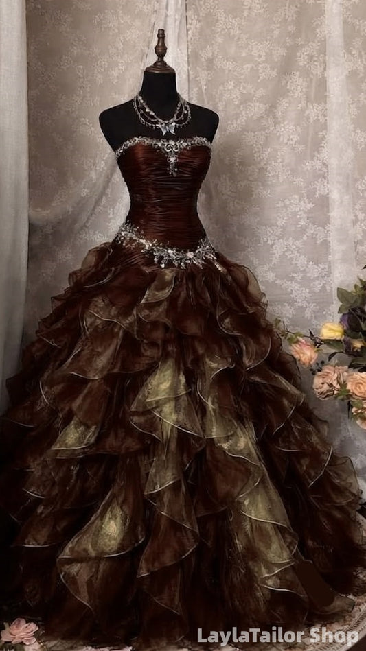 Vintage Ball Gown Strapless Appliques Ruffle Evening Prom Dresses,LTP82788