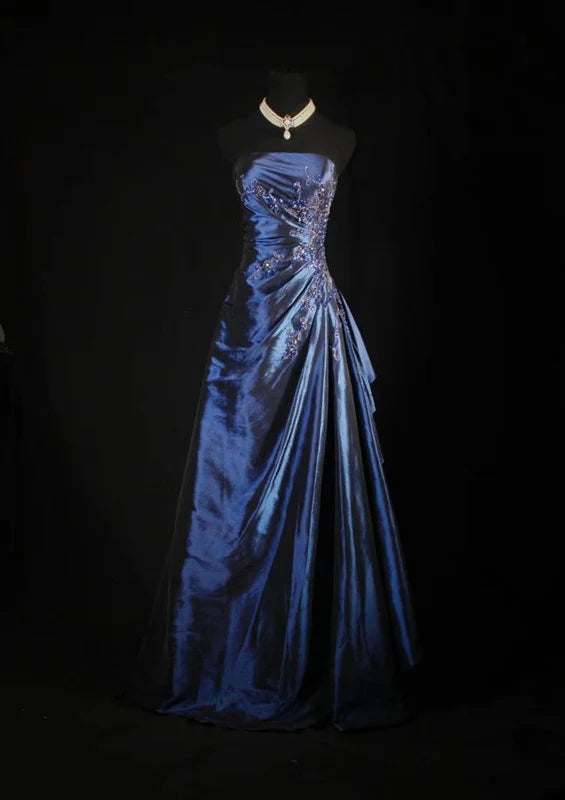royal blue prom dress strapless Vintage Ball Gown Strapless Navy Blue Satin Long Prom Dresses Party Dr – Laylatailor Shop