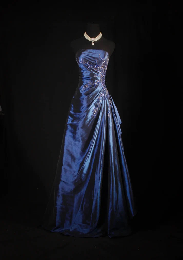 Vintage Ball Gown Strapless Navy Blue Satin Long Prom Dresses Party Dr – Laylatailor Shop
