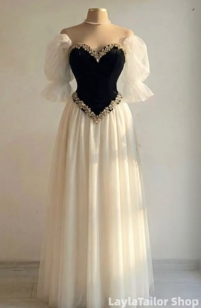 Vintage Birthday Ball Gown Sweetheart Black Beaded Long Prom Dress, LTP82805