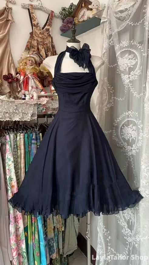 Vintage Black Chiffon A-Line Homecoming Dresses Halter Short Party Dress
