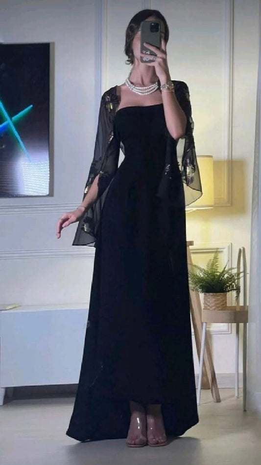 Vintage Black Mermaid Long Prom Dresses With Embroidery Chiffon Shawl,LTP4400