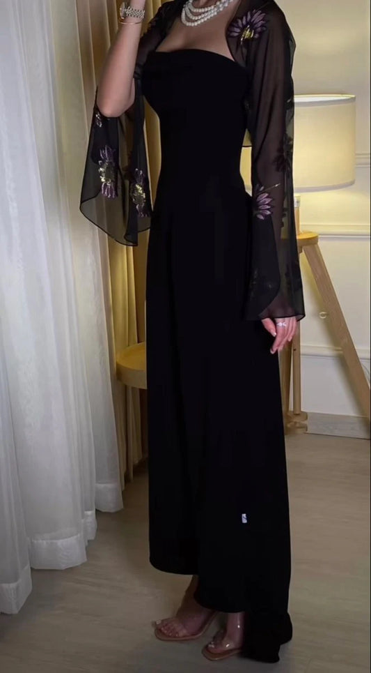 Vintage Black Mermaid Long Prom Dresses With Embroidery Chiffon Shawl,LTP4400