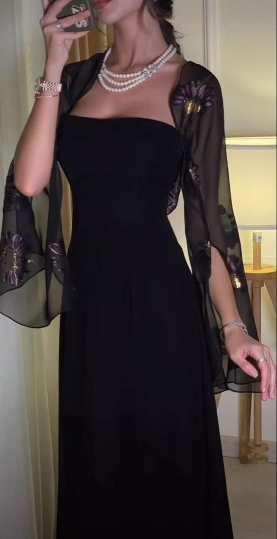 Vintage Black Mermaid Long Prom Dresses With Embroidery Chiffon Shawl,LTP4400