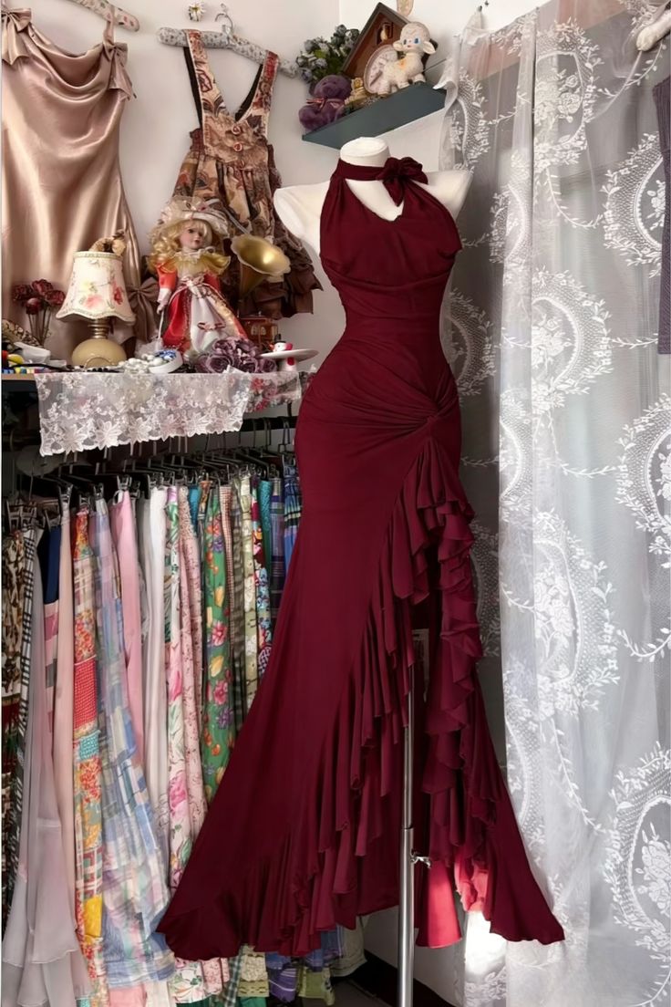 Vintage Bodycon Sweet Halter Senior Prom Dresses Birthday Party Dress Ruffle Debs Gown,LTP4370