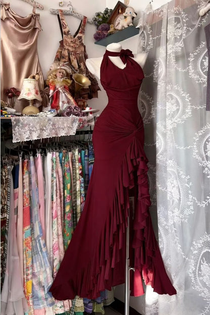 Vintage Bodycon Sweet Halter Senior Prom Dresses Birthday Party Dress Ruffle Debs Gown,LTP4370