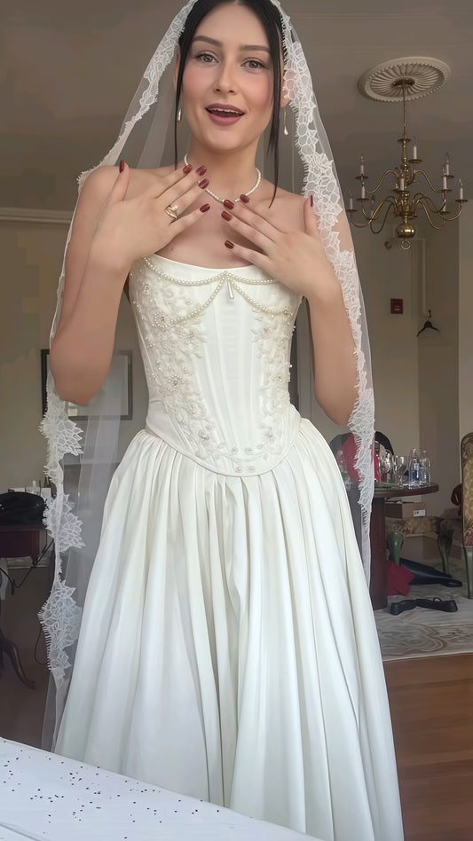 Vintage Boho Strapless Wedding Dresses, Appliques Satin Bridal Gown,LTP3572
