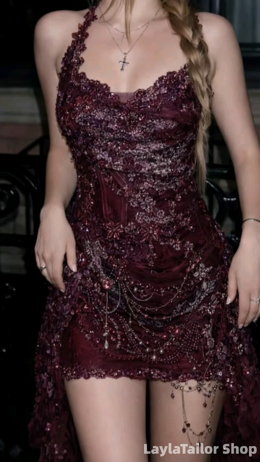 Vintage Burgundy Lace Appliques Beaded Homecoming Dresses Tight Party Dress LTP82682