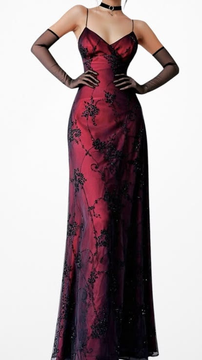 Vintage Burgundy Red Floral Prom Dress Chiffon Lace Bodycon Maxi Dress,LTP4419