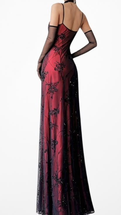 Vintage Burgundy Red Floral Prom Dress Chiffon Lace Bodycon Maxi Dress,LTP4419