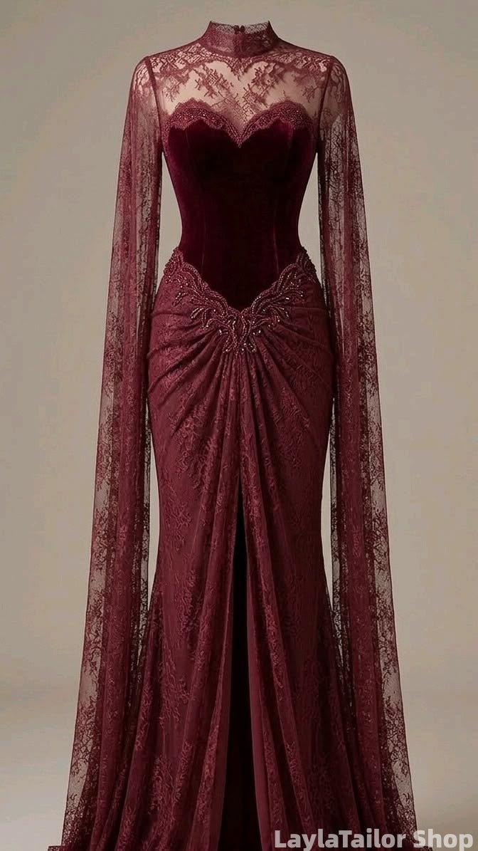 Vintage Burgundy Velvet Lace Bodycon Long Formal Dresses,LTP82787