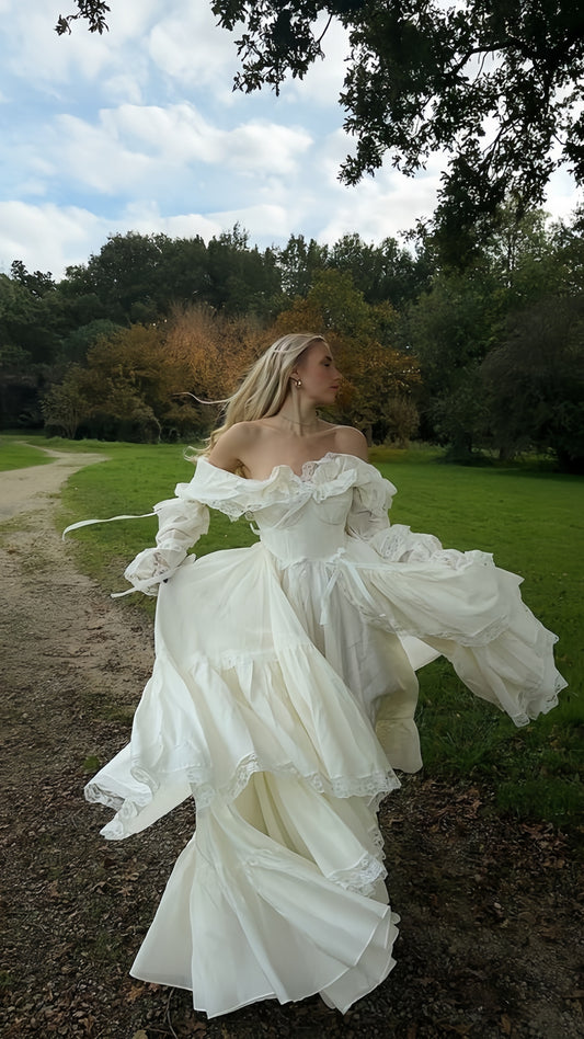 Vintage Cream A-Line Lace Wedding Dress, Sweet Party Dress, LTP3512