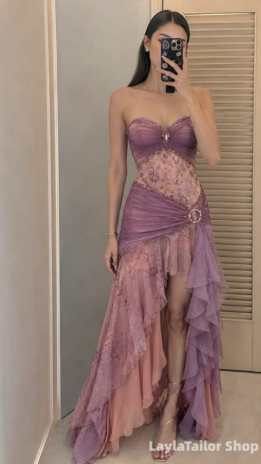 Vintage Dusty Purple Floral Evening Party Dress Beaded Chiffon Ruffle Prom Dresses