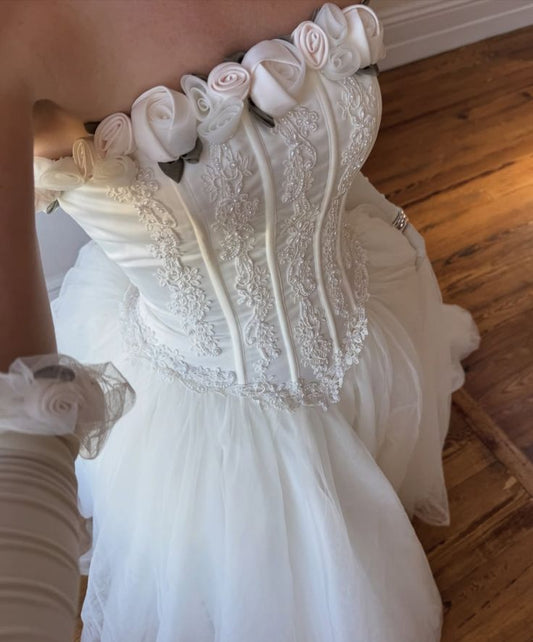Vintage Floral Appliques Wedding Dresses Strapless Tulle Bridal Gown,LTP4356