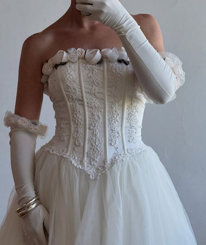Vintage Floral Appliques Wedding Dresses Strapless Tulle Bridal Gown,LTP4356