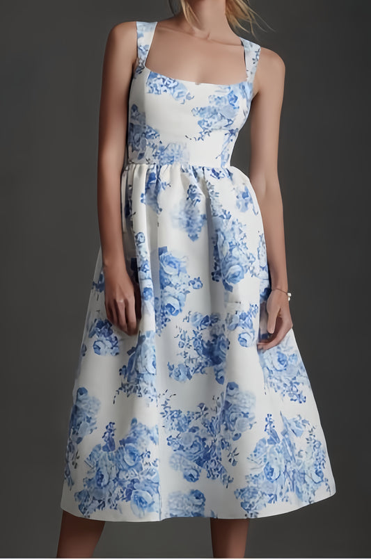 Vintage Floral Square Neck Midi Homecoming Prom Dresses, LTP3370