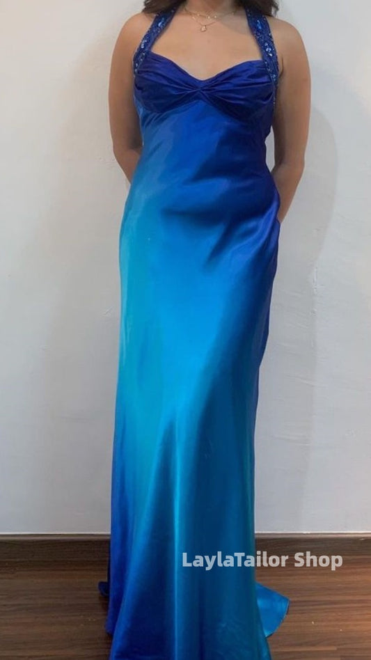 Vintage Halter Beaded Satin Long Prom Dress Sheath Evening Party Dresses,LTP4568