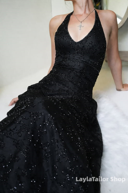 Vintage Black Halter Lace Prom Dresses Beaded 1990S' Women Formal Dress,LTP3626
