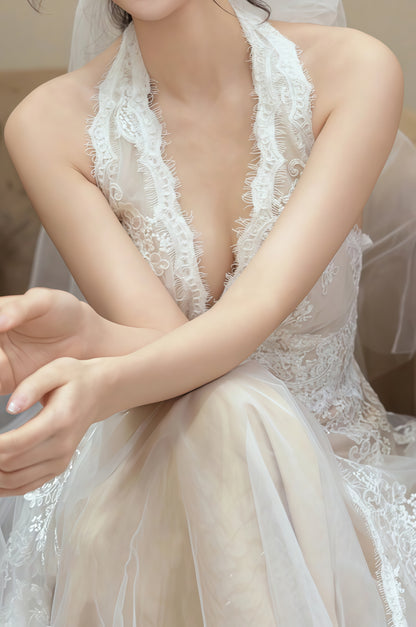 Vintage Halter Lace Wedding Dress, V-neck France Romance Bridal Dress,LTP3666