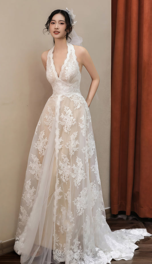 Vintage Halter Lace Wedding Dress, V-neck France Romance Bridal Dress,LTP3666
