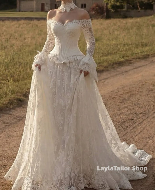 Vintage High Neck Lace Long Sleeves Wedding Gown,LTP3646
