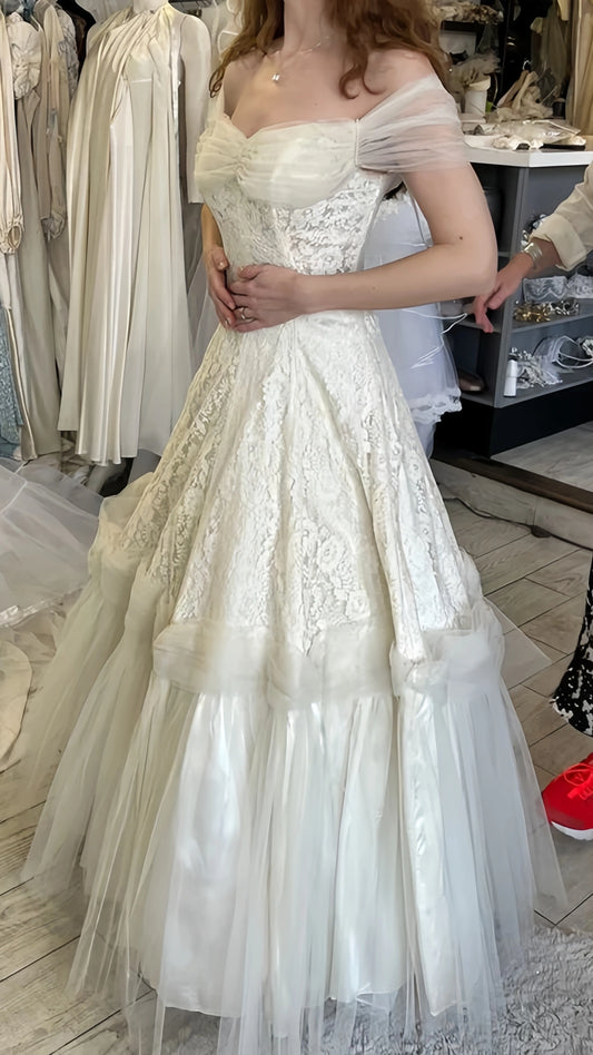 Vintage Ivory Lace Wedding Dresses Off The Shoulder Tulle Bridal Gown,LTP4227