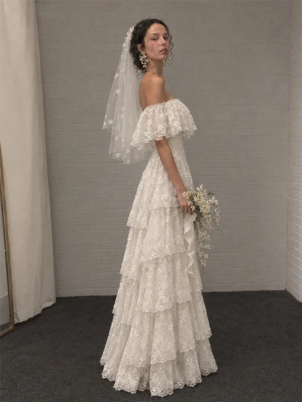 Vintage Ivory Off Shoulder A-line Ruffled Tiered Wedding Dress Lace Bridal Gown,LTP82796