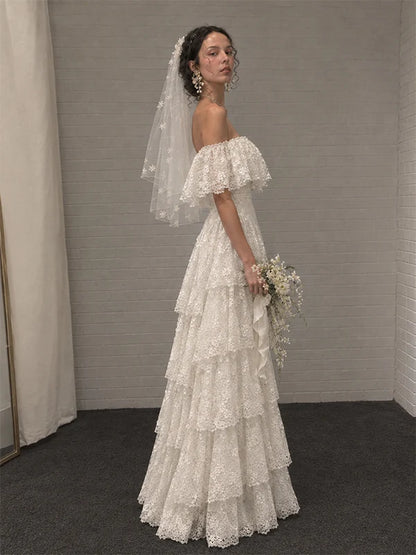Vintage Ivory Off Shoulder A-line Ruffled Tiered Wedding Dress Lace Bridal Gown,LTP82796