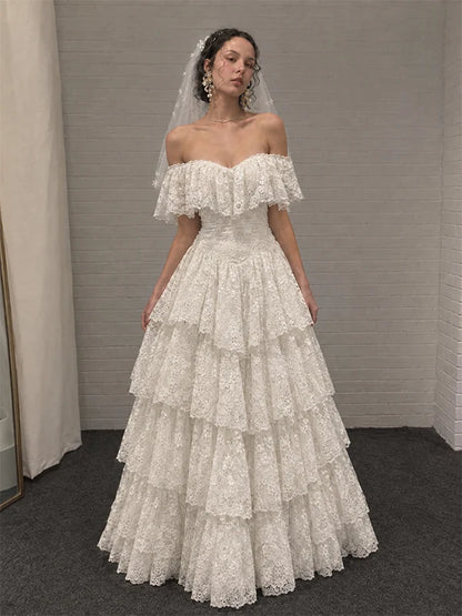 Vintage Ivory Off Shoulder A-line Ruffled Tiered Wedding Dress Lace Bridal Gown,LTP82796