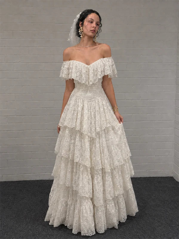Vintage Ivory Off Shoulder A-line Ruffled Tiered Wedding Dress Lace Bridal Gown,LTP82796