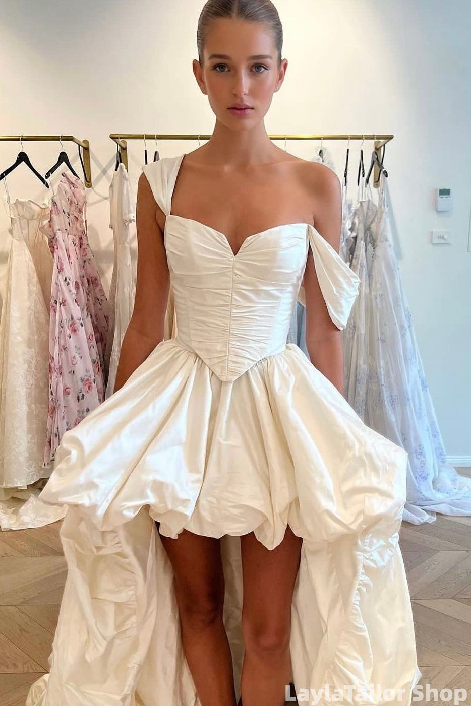 Vintage Ivory Off The Shoulder High Low Party Dress Wedding Dresses LTP82594
