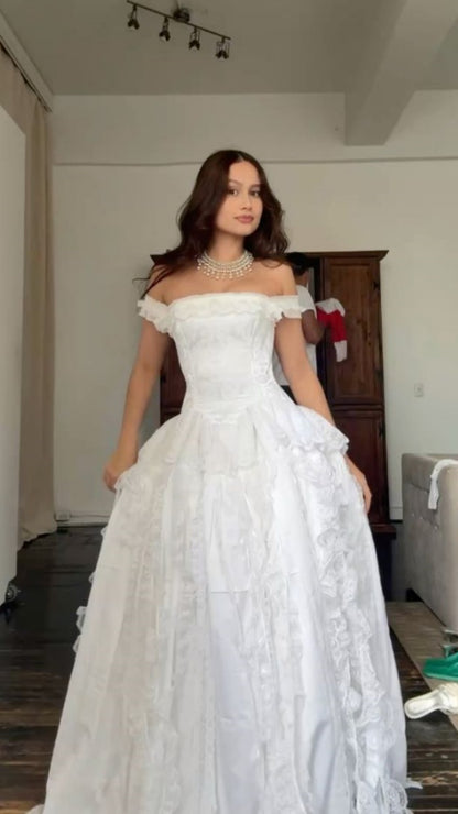 Vintage Lace Bridal Dresses Off The Shoulder White Wedding Gown,LTP3957