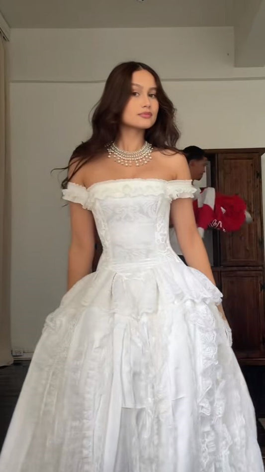 Vintage Lace Bridal Dresses Off The Shoulder White Wedding Gown,LTP3957