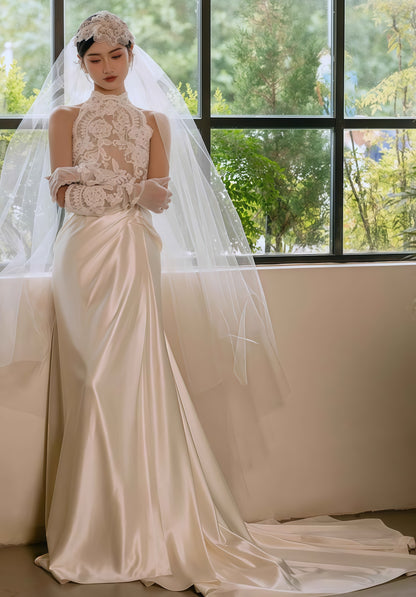 Vintage Lace High Neck Satin Wedding Dress, Sleeveless France Romance Bridal Dress,LTP3667