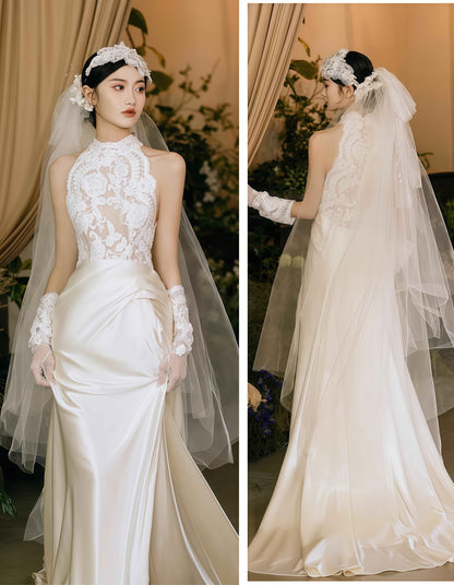 Vintage Lace High Neck Satin Wedding Dress, Sleeveless France Romance Bridal Dress,LTP3667