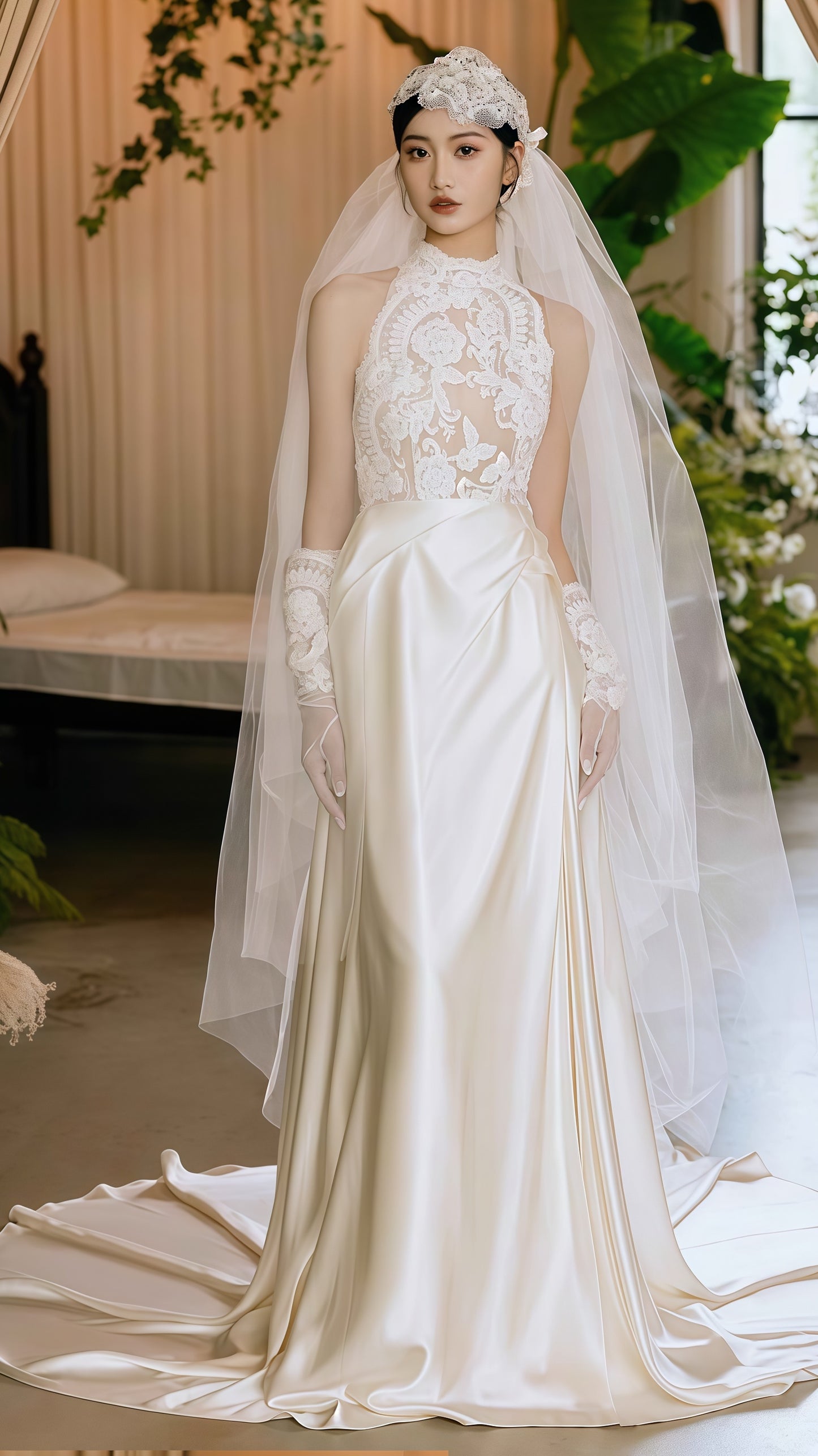 Vintage Lace High Neck Satin Wedding Dress, Sleeveless France Romance Bridal Dress,LTP3667