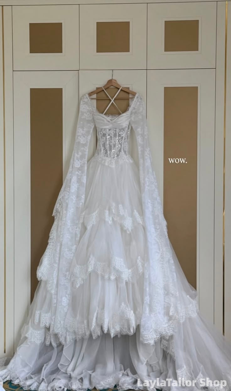 Vintage Lace Wedding Dresses White Long Sleeves Tiered Gothic Wedding Gown, LTP82813