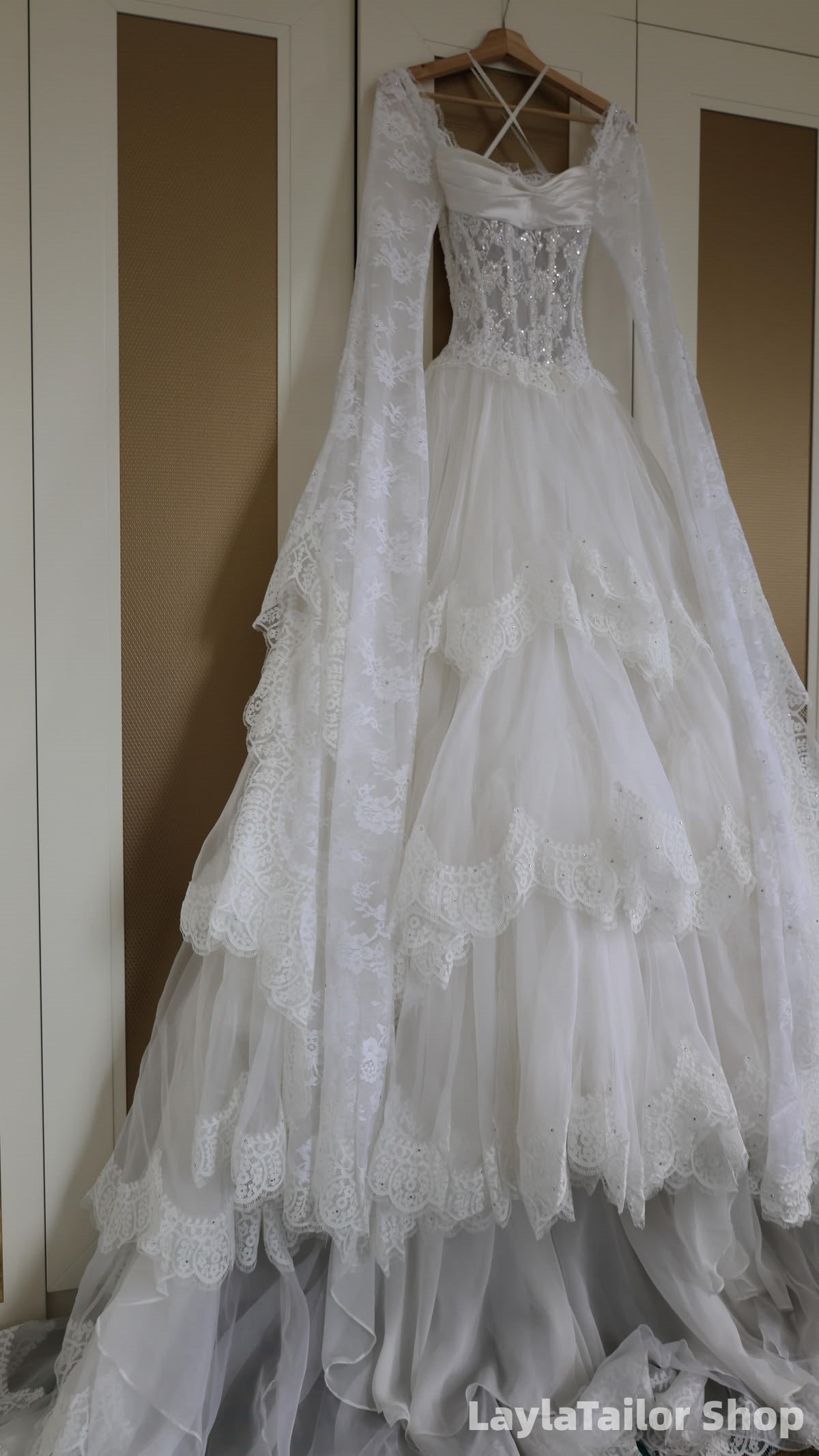 Vintage Lace Wedding Dresses White Long Sleeves Tiered Gothic Wedding Gown, LTP82813