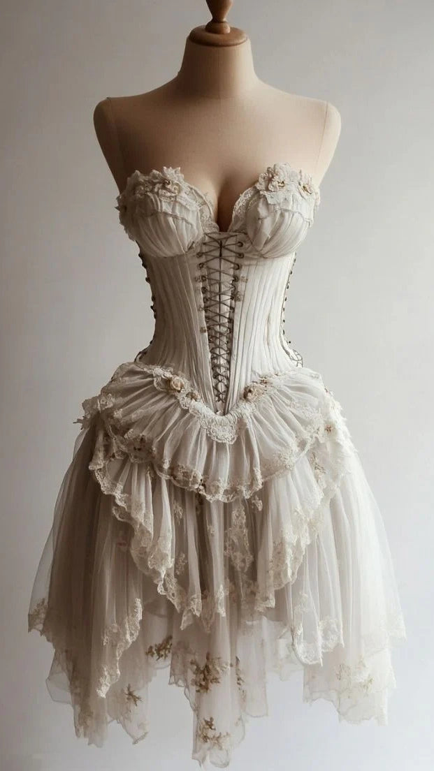 Vintage Light Grey Lace Homecoming Dresses Ruffle Sweetheart Party Dress,LTP3954