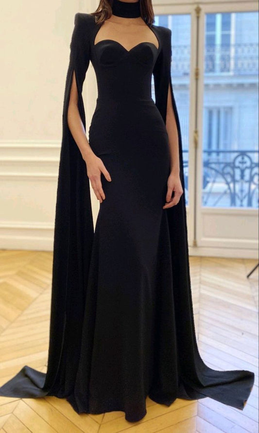 Vintage Mermaid Black Birthday Party Dresses Sweetheart Prom Dresses With Cape,LTP4397