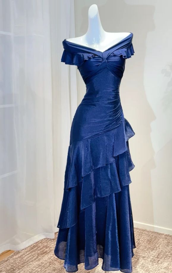 Vintage Off The Shoulder Blue Party Dresses Ruffle Senior Prom Dress,LTP4306