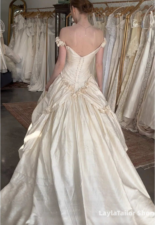 Vintage Off The Shoulder Floral 90's Wedding Dress,LTP3690