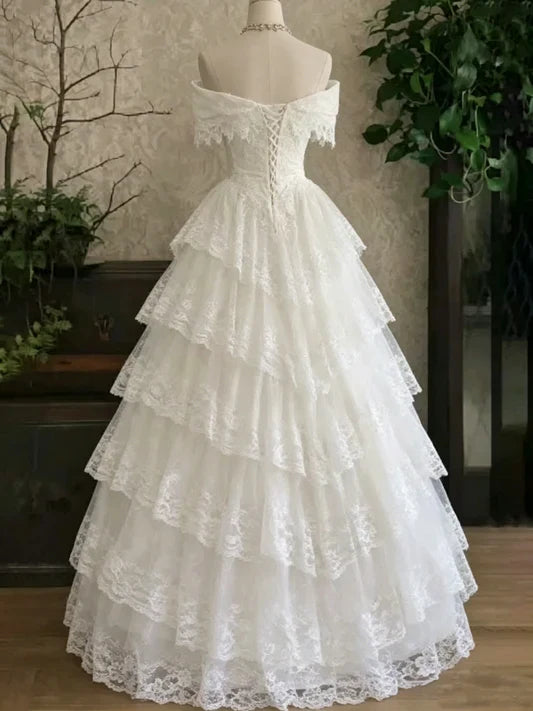Vintage Off The Shoulder Lace Ruffle Wedding Dress A-Line Tiered Bridal Dresses,LTP82798