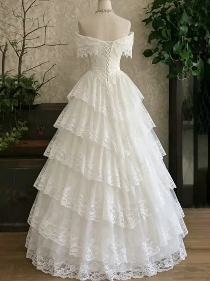Vintage Off The Shoulder Lace Ruffle Wedding Dress A-Line Tiered Bridal Dresses,LTP82798