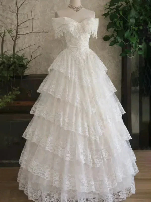 Vintage Off The Shoulder Lace Ruffle Wedding Dress A-Line Tiered Bridal Dresses,LTP82798